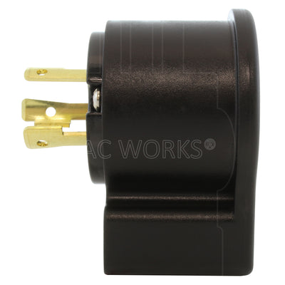 NEMA L6-20P male locking elbow wiring plug side view