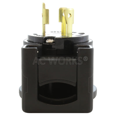NEMA L6-20P male locking elbow wiring plug bottom view of electrical entrance