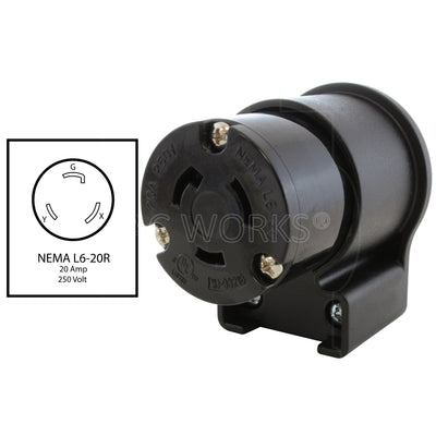 NEMA L6-20R, 20Amp, 250 Volt female locking elbow wiring connector