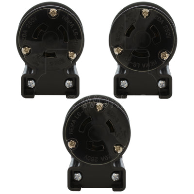 NEMA L6-20R female locking elbow wiring connector in 3 different angles