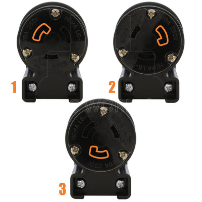 NEMA L6-20R female locking elbow wiring connector in 3 different angles