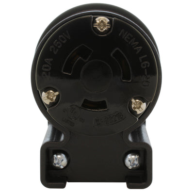 NEMA L6-20R female locking elbow wiring connector front view with 3 prongs