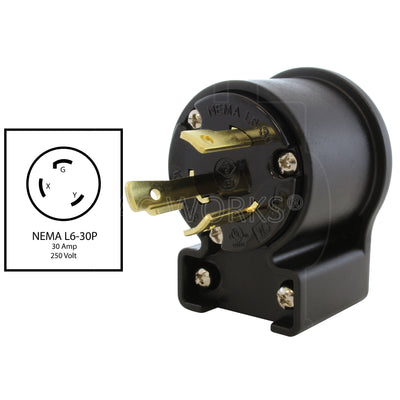 NEMA L6-30P, 30Amp, 250 Volt male locking elbow wiring plug