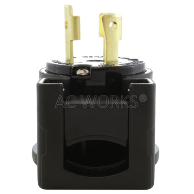 NEMA L6-30P male locking elbow wiring plug bottom view of electrical entrance 