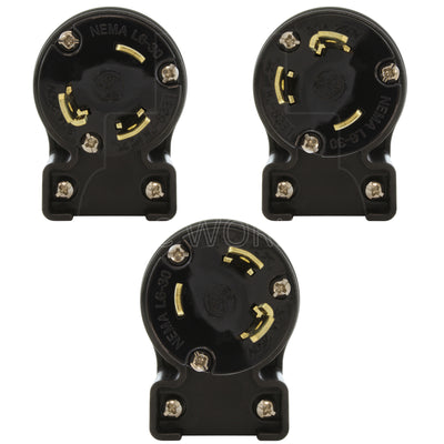 NEMA L6-30P male locking elbow wiring plug in 3 different angles