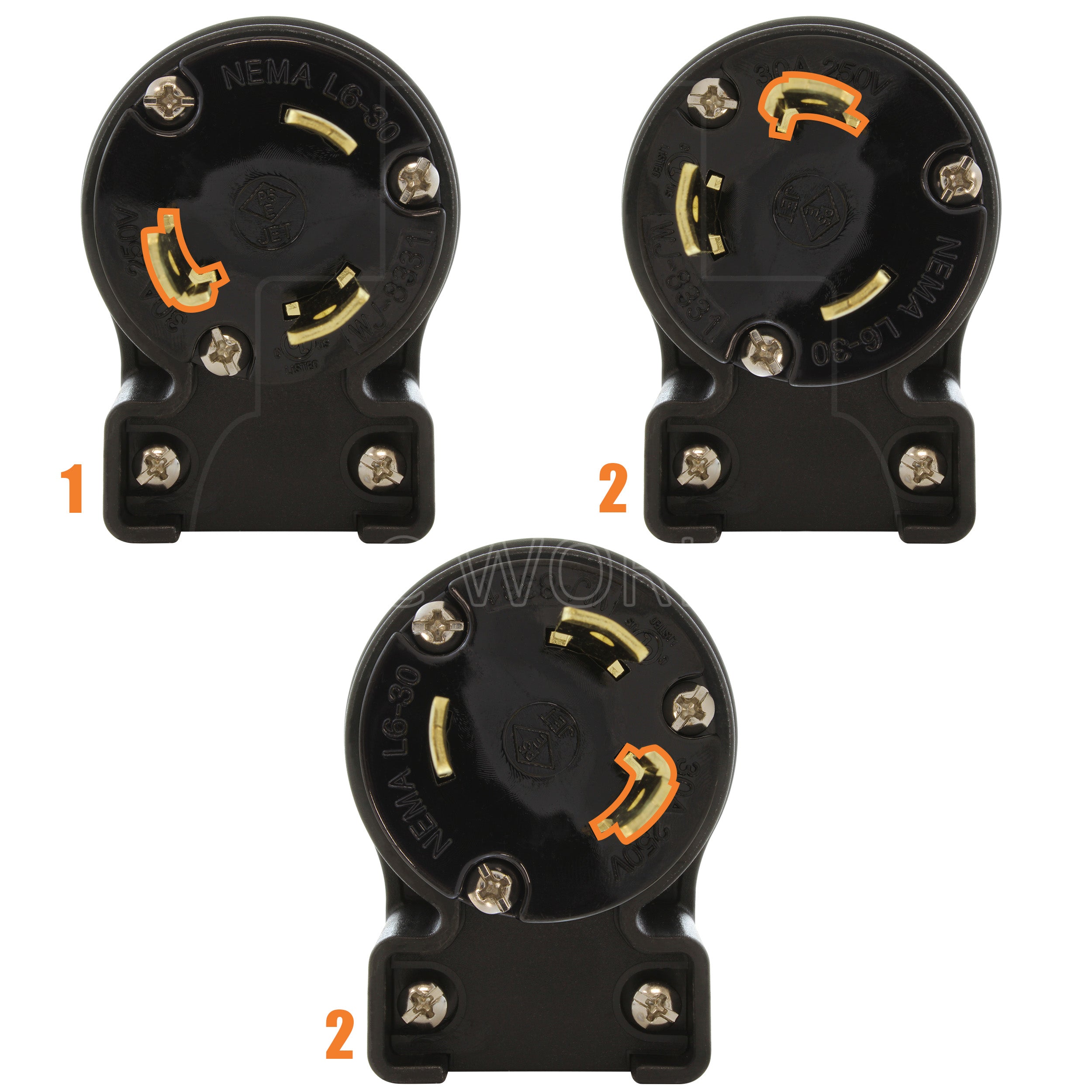 NEMA L6-30P male locking elbow wiring plug in 3 different angles
