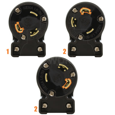 NEMA L6-30P male locking elbow wiring plug in 3 different angles