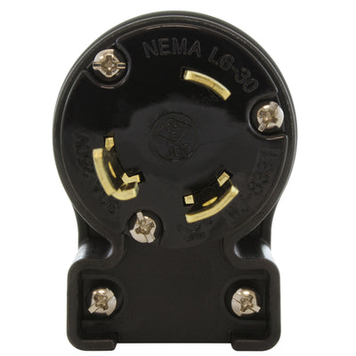 NEMA L6-30P male locking elbow wiring plug front view with 3 prongs