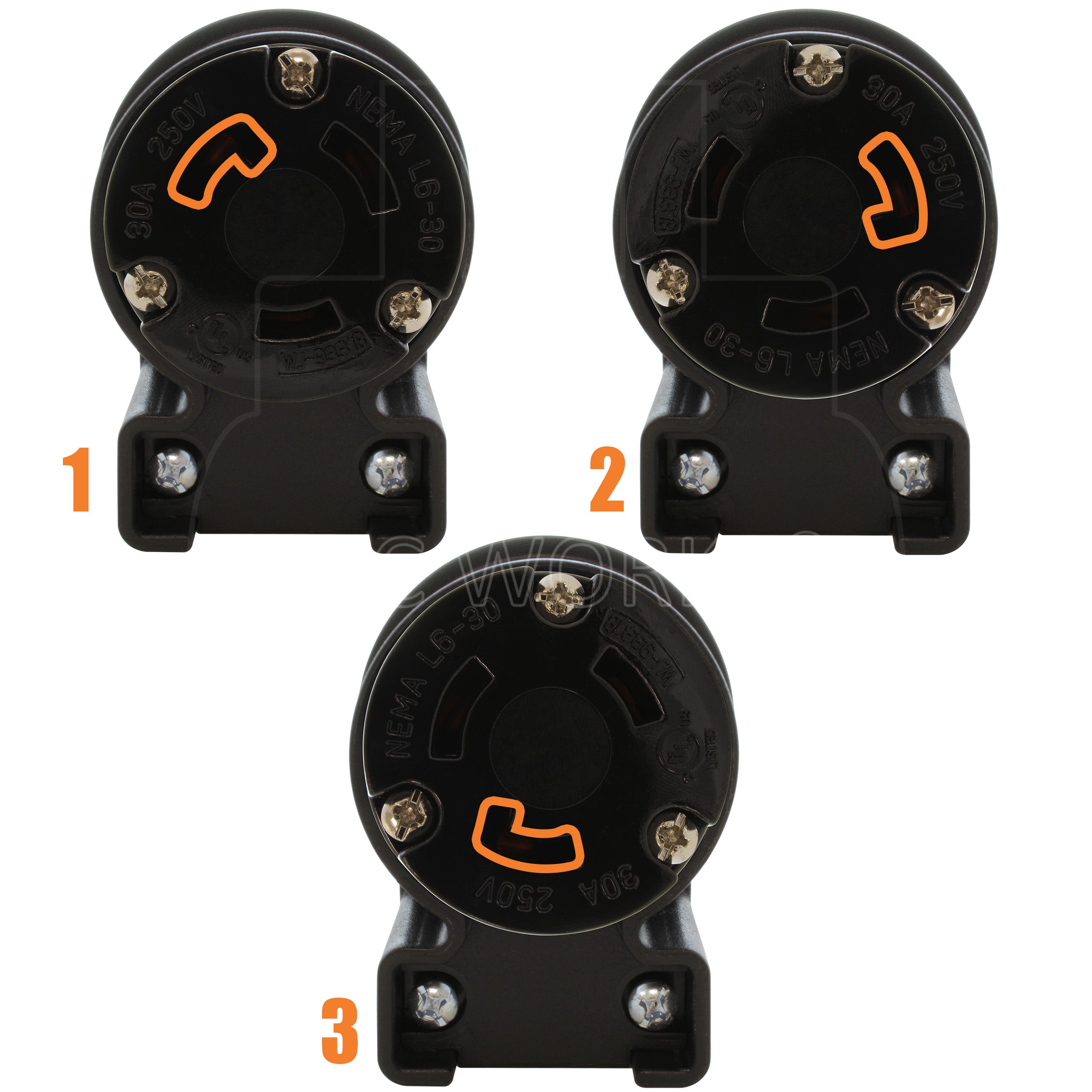 NEMA L6-30R female locking elbow wiring connector in different angles