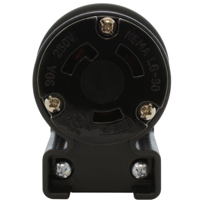 NEMA L6-30R female locking elbow wiring connector front view with 3 prongs