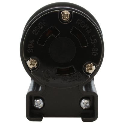 NEMA L6-30R female locking elbow wiring connector front view with 3 prongs