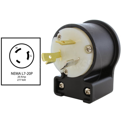 NEMA L7-20P, 20 Amp, 277 Volt, male locking elbow wiring plug