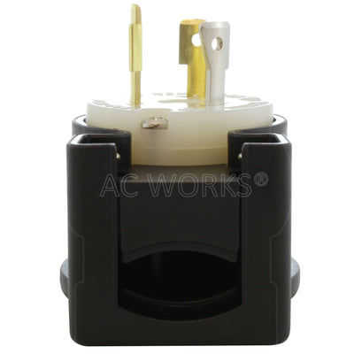 NEMA L7-20P male locking elbow wiring plug bottom view of electrical entrance