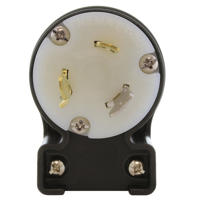 NEMA L7-20P male locking elbow wiring plug front view with 3 prongs