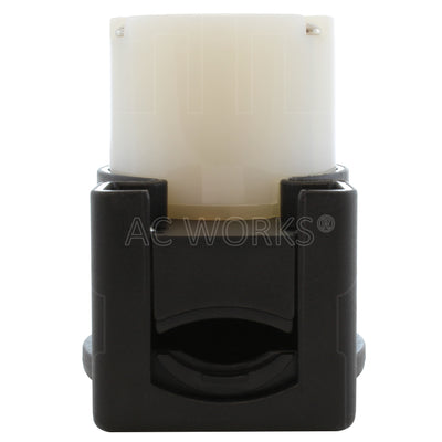 NEMA L7-20R female locking elbow wiring connector bottom view of electrical entrance
