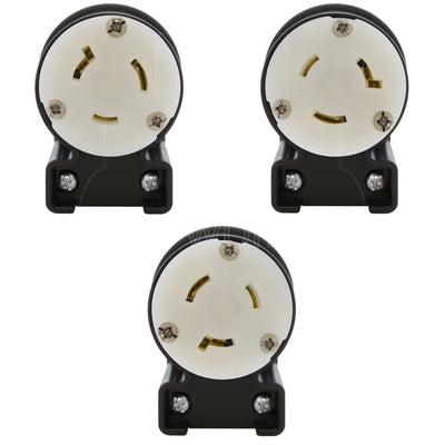 NEMA L7-20R female locking elbow wiring connector in 3 different angles