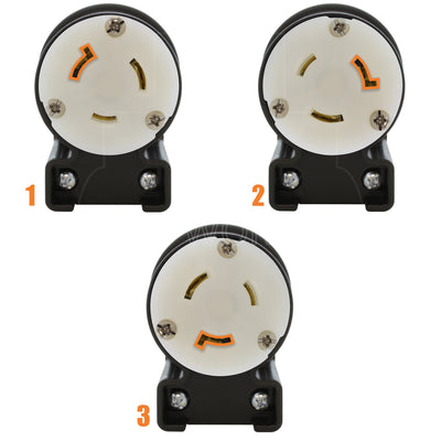NEMA L7-20R female locking elbow wiring connector in 3 different angles