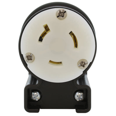 NEMA L7-20R female locking elbow wiring connector front view with 3 prongs