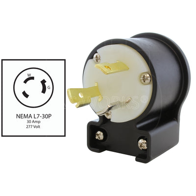 NEMA L7-30P, 30 Amp, 277 Volt male locking elbow wiring plug