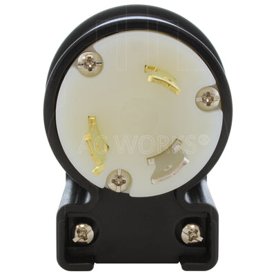 NEMA L7-30P male locking elbow wiring plug front view with 3 prongs