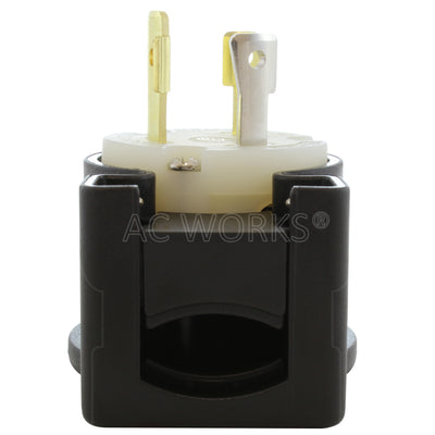 NEMA L7-30P male locking elbow wiring plug bottom view of electrical entrance
