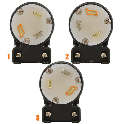 NEMA L7-30P male locking elbow wiring plug in 3 different angles