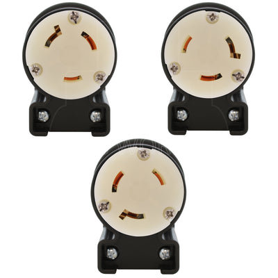 NEMA L7-30R female locking elbow wiring connector in 3 different angles
