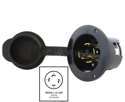AC WORKS® [ASINL1430P-FC-NO LOGO] 30A 125/250V L14-30P Power Input Inlet with Weather-tight Cover