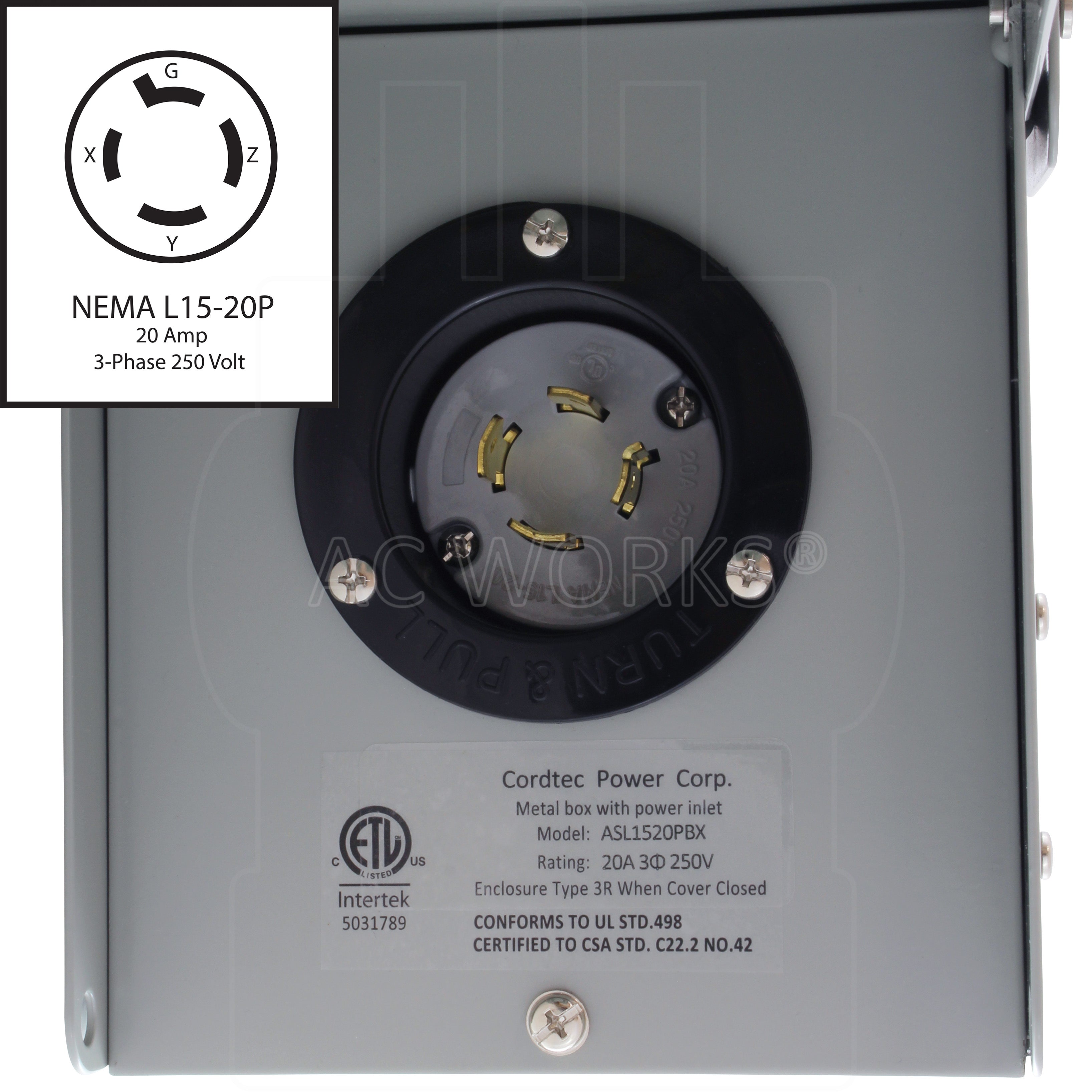 AC WORKS® [ASL1520PBX] 20A 3-Phase 250V Locking 4-Prong L15-20 Heavy-Duty Inlet Box