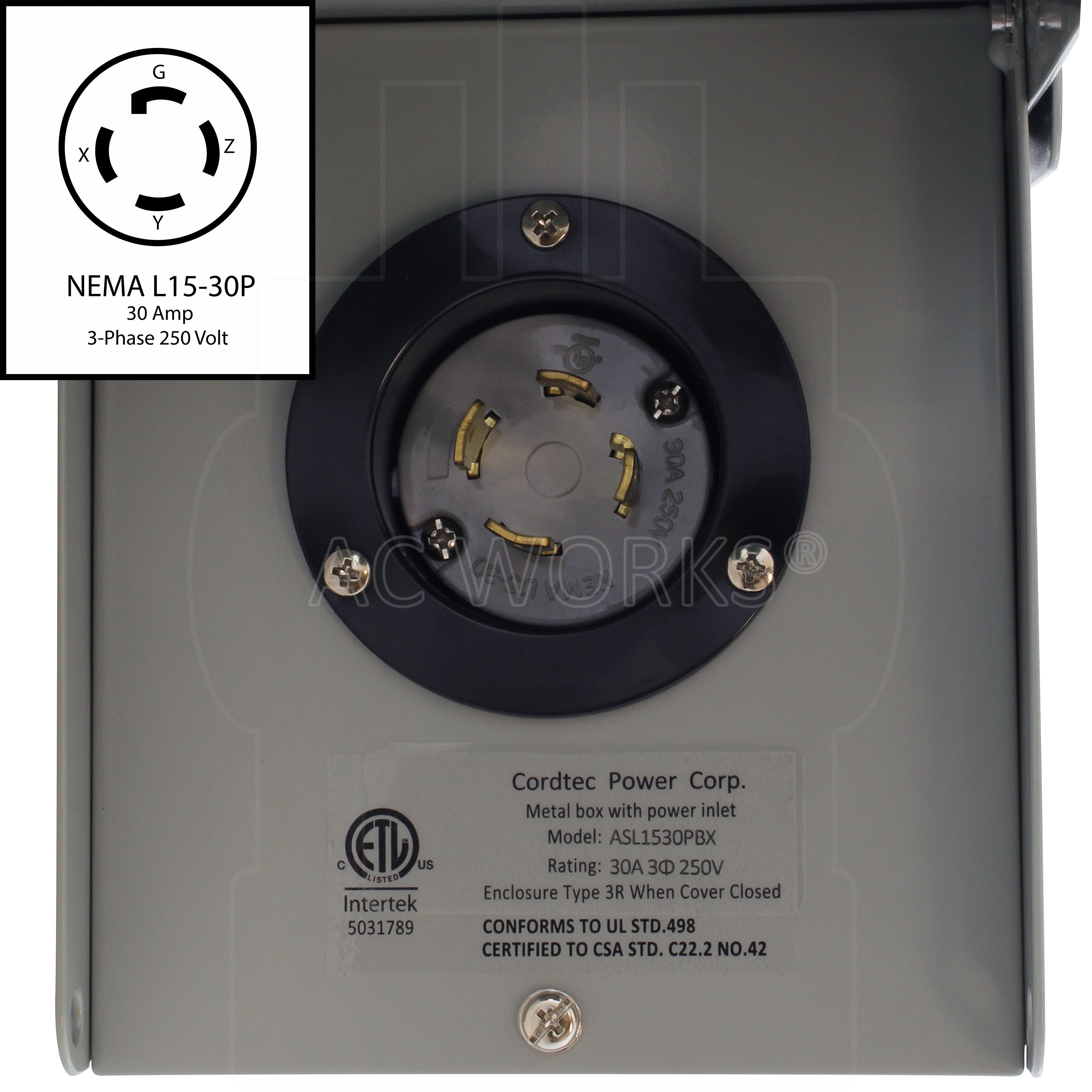 AC WORKS® [ASL1530PBX] 30A 3-Phase 250V Locking 4-Prong L15-30 Heavy-Duty Inlet Box