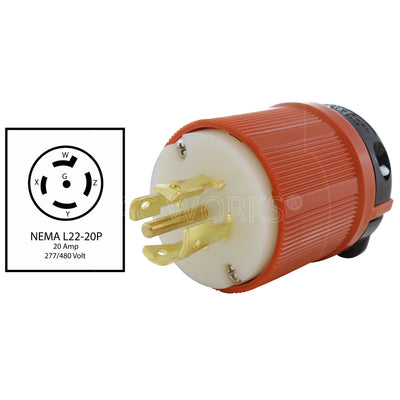 NEMA L22-20P, 20 Amp, 277/480 Volt Male Plug