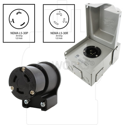 outlet box with its matching locking elbow connector with nema l-30