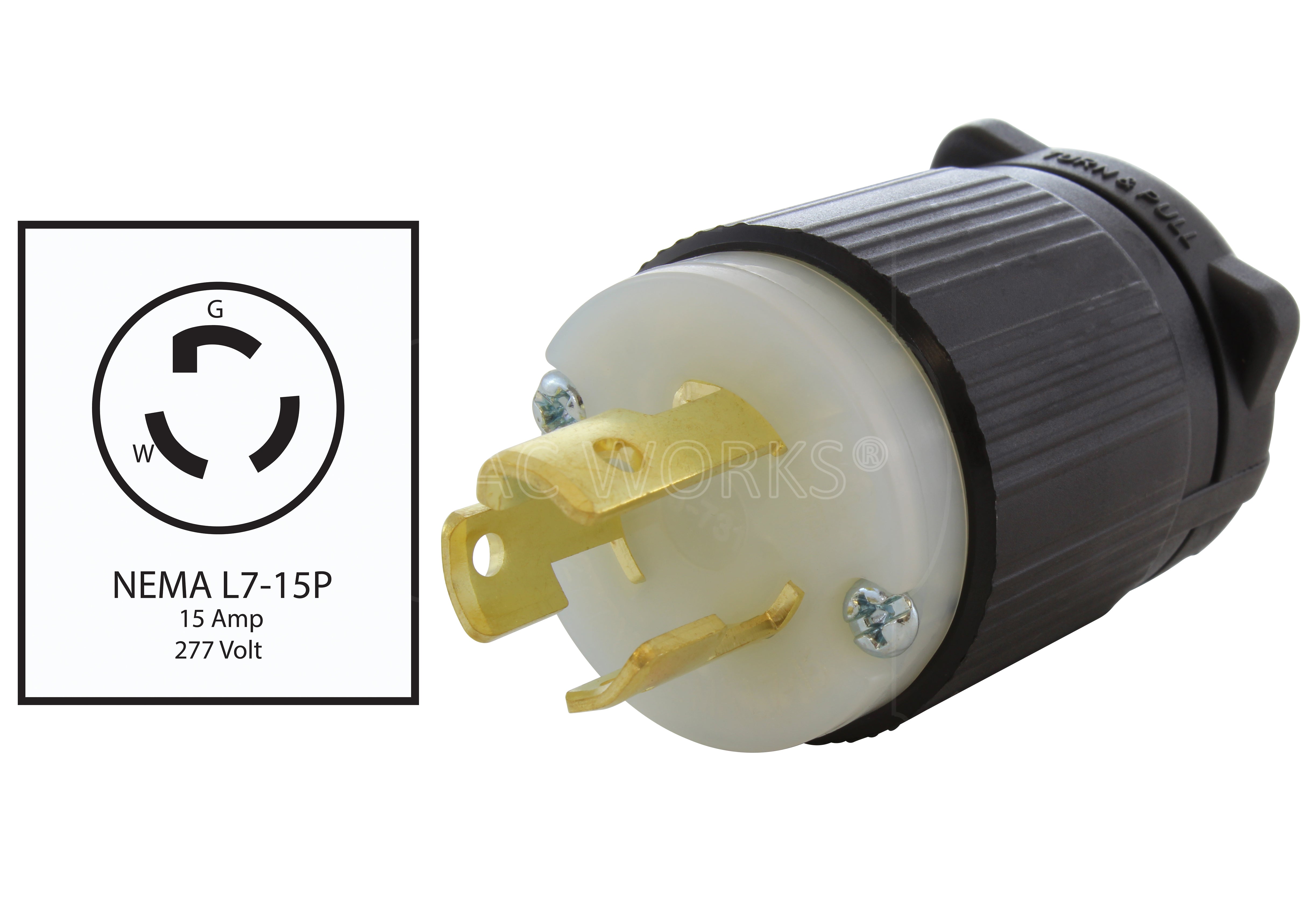 AC WORKS® [ASL715P] NEMA L7-15P 15A 277V 3-Prong Locking Male Plug with UL, C-UL Approval