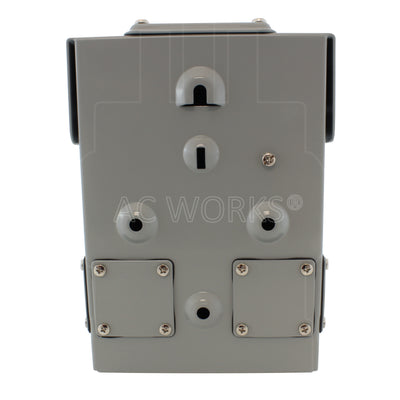 Grey outlet box, back view with 2 replaceable knockout