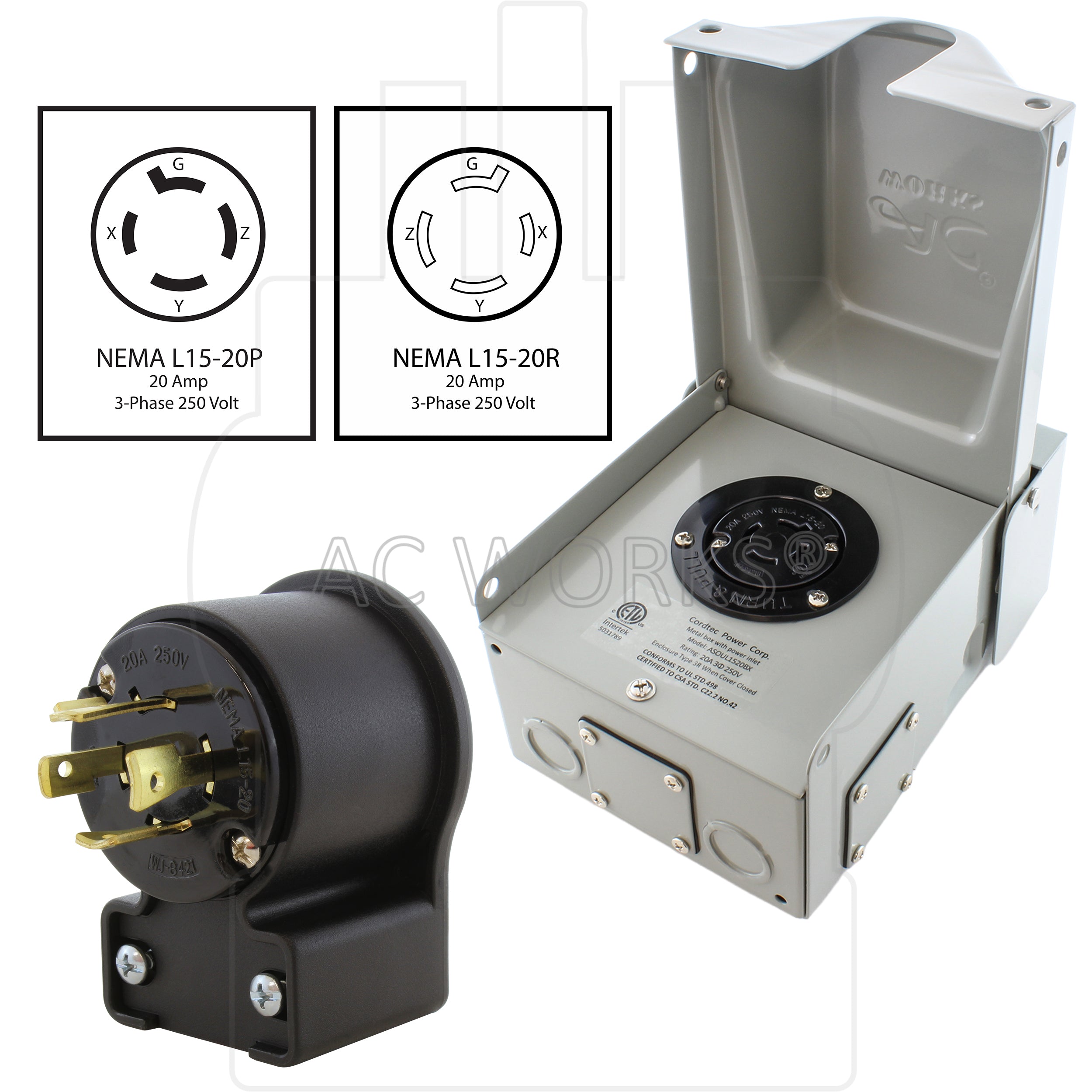 outlet box with matching elbow locking male plug with nema