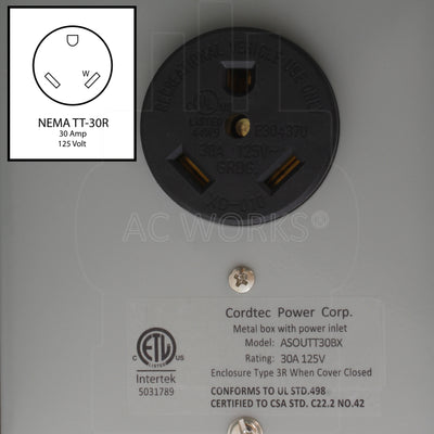 Outlet box containing a NEMA TT-30R, 30 Amp, 125 Volt 3-prong straight-blade receptacle