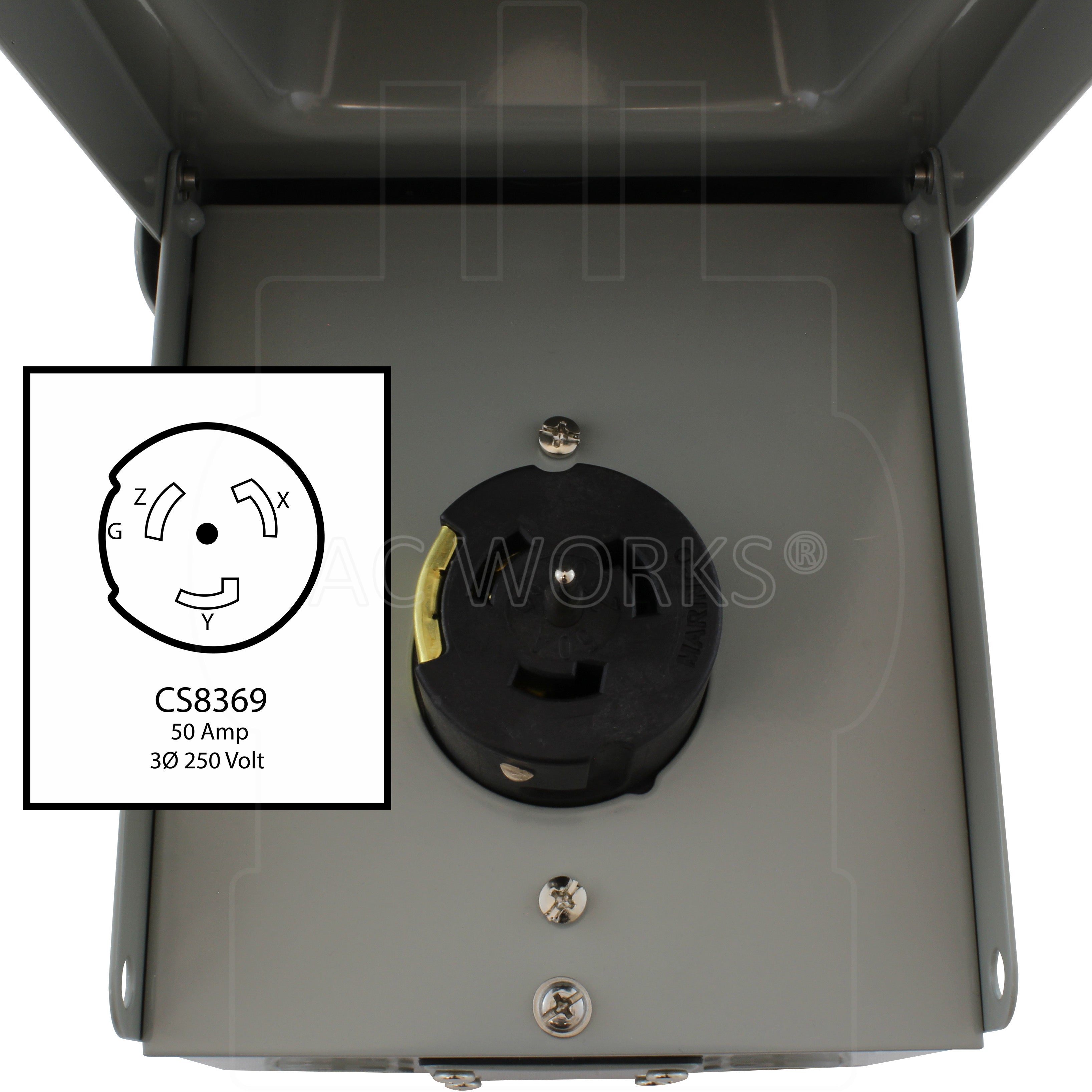 CS8369, 50 Amp, 3-phase 250 Volt 4-prong locking receptacle