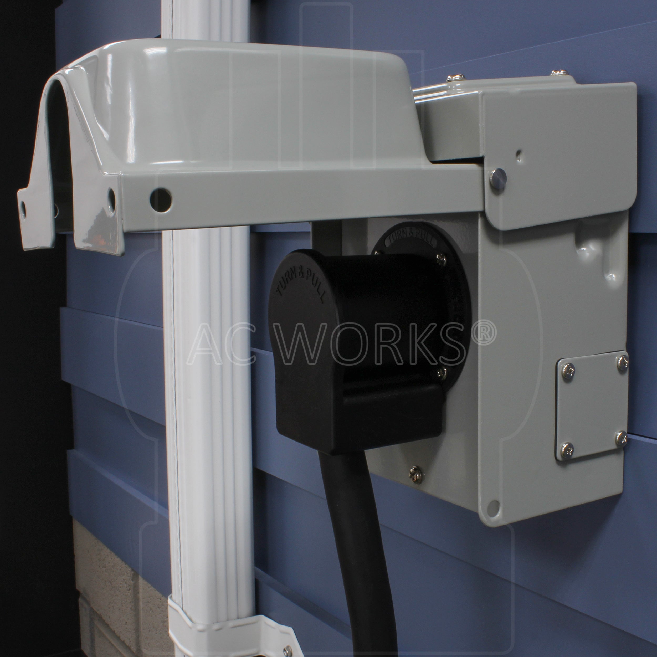 CS6364, Locking Female Connector, with Right Angle Configuration plugged into house inlet door open