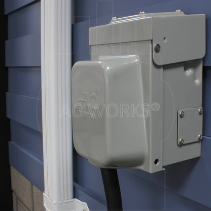 CS6364, Locking Female Connector, Right Angle with Configuration plugged into house inlet door closed