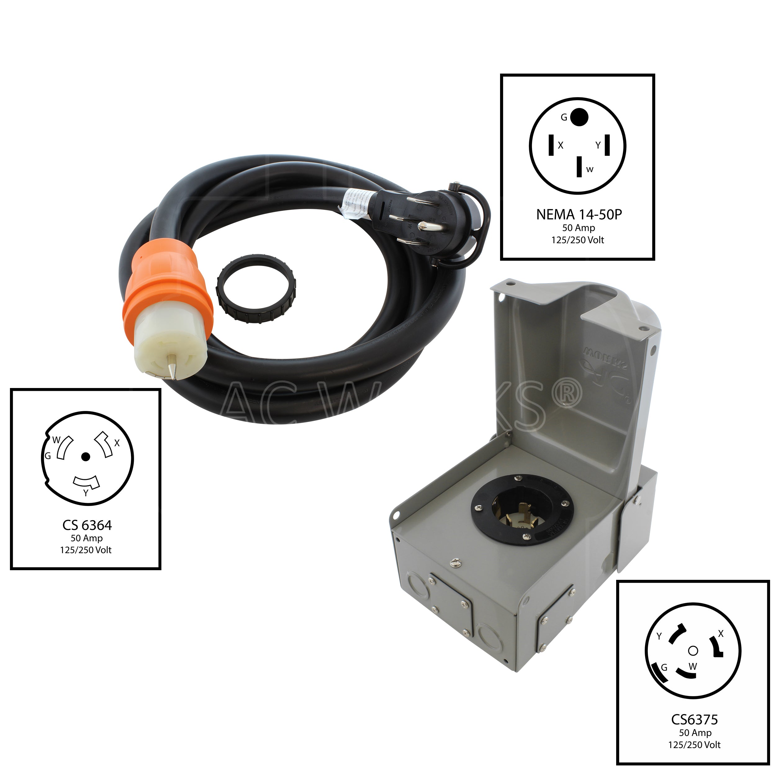 NEMA SS2-50 50 Amp Inlet Box and NEMA 14-50 Extension Cord