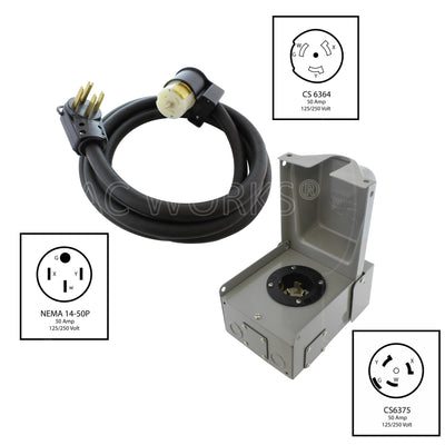 NEMA SS2-50P, 50A, 125/250V inlet, and a 50A 125/250V NEMA 14-50P to CS6364/SS2-50R connector power cord