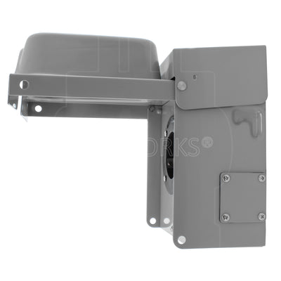 Inlet box side view with cover open showing 1 knockout with adjustable screws and heavy duty hinges