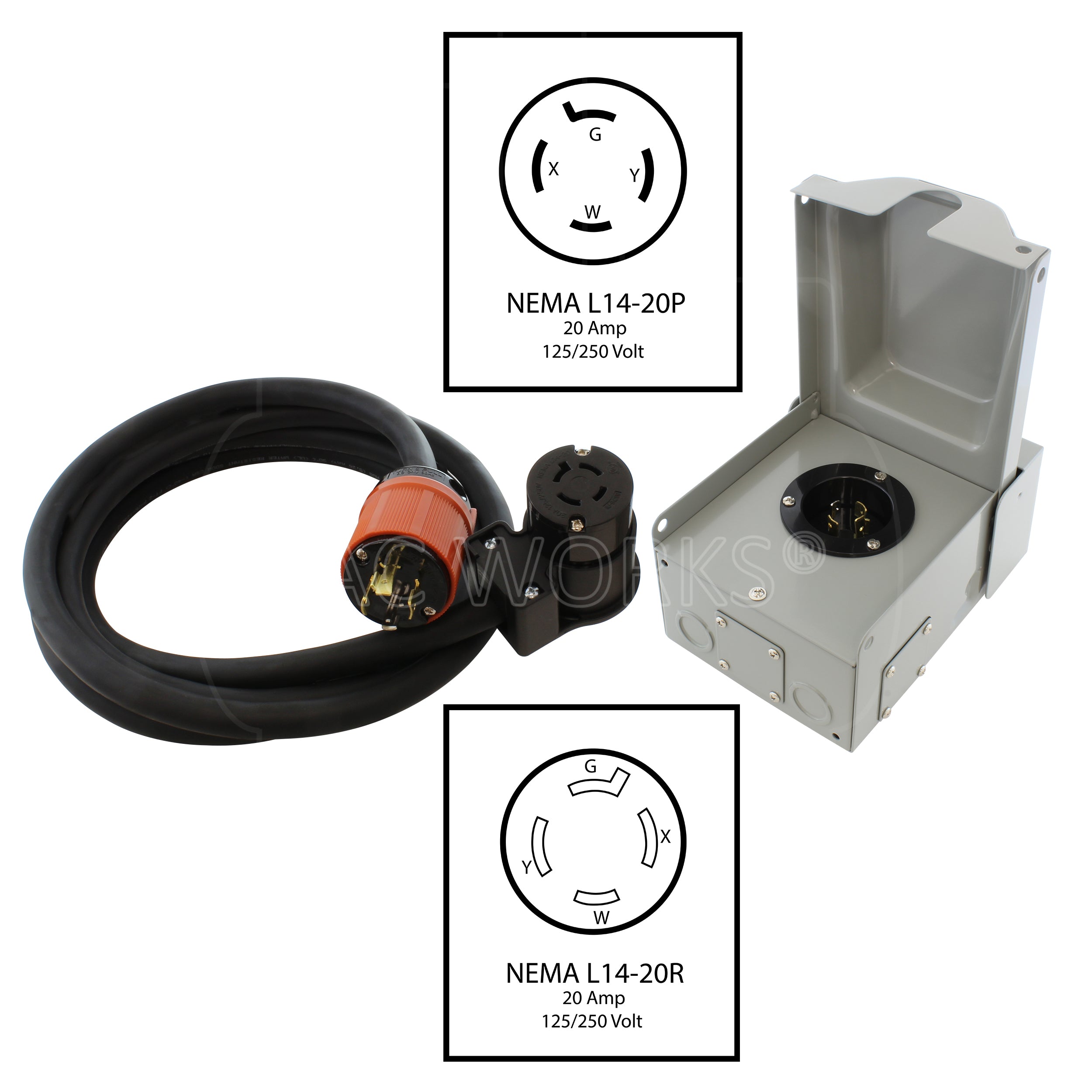 NEMA L14-20 Hurricane Generator Inlet Box Kit with Extension Cord