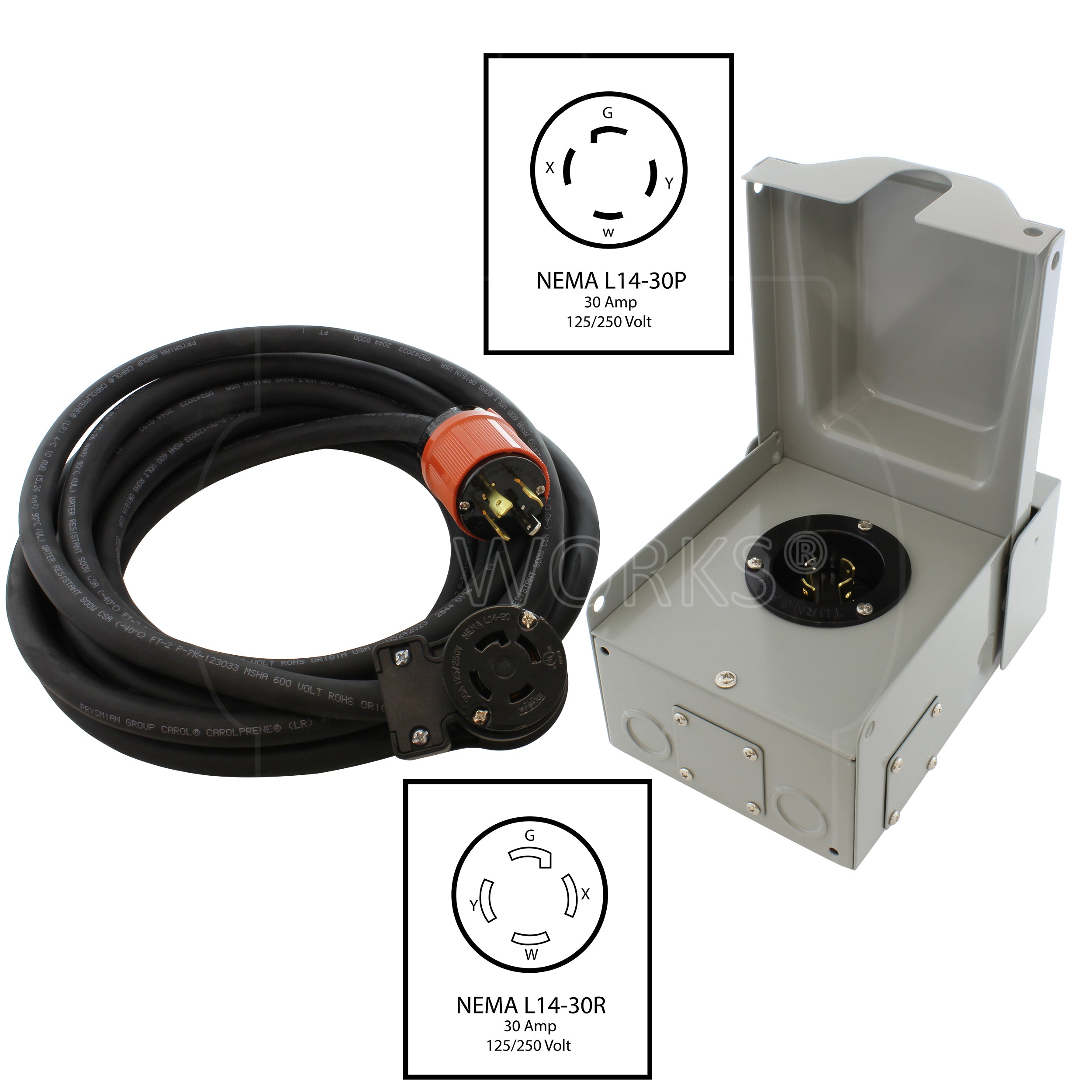 NEMA L14-30 Hurricane Generator Inlet Box Kit with Extension Cord