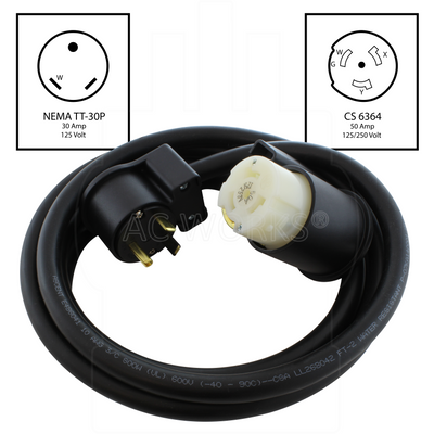 NEMA TT-30P, 30 Amp, RV/ Travel Trailer 30 Amp Plug to  CS6364, 50 Amp, 125/250 Volt Female Locking Female Connector