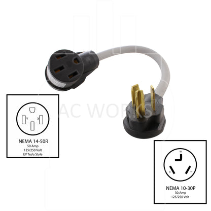 AC WORKS® [EV1030MS-018] 1.5FT EVSE 30A 3-Prong NEMA 10-30P Dryer Plug to 50A EV Adapter for Tesla