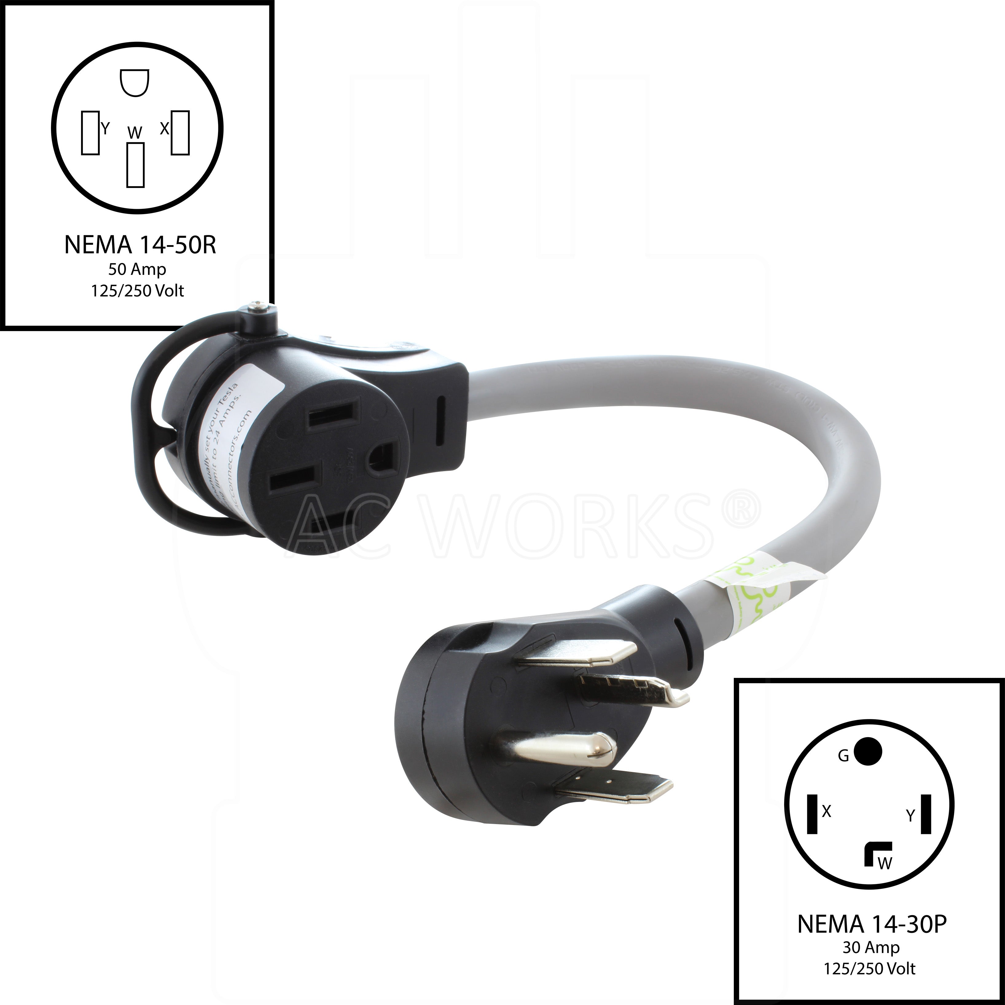 NEMA 14-30P to NEMA 14-50R flexible adapter for EV charging and RV power