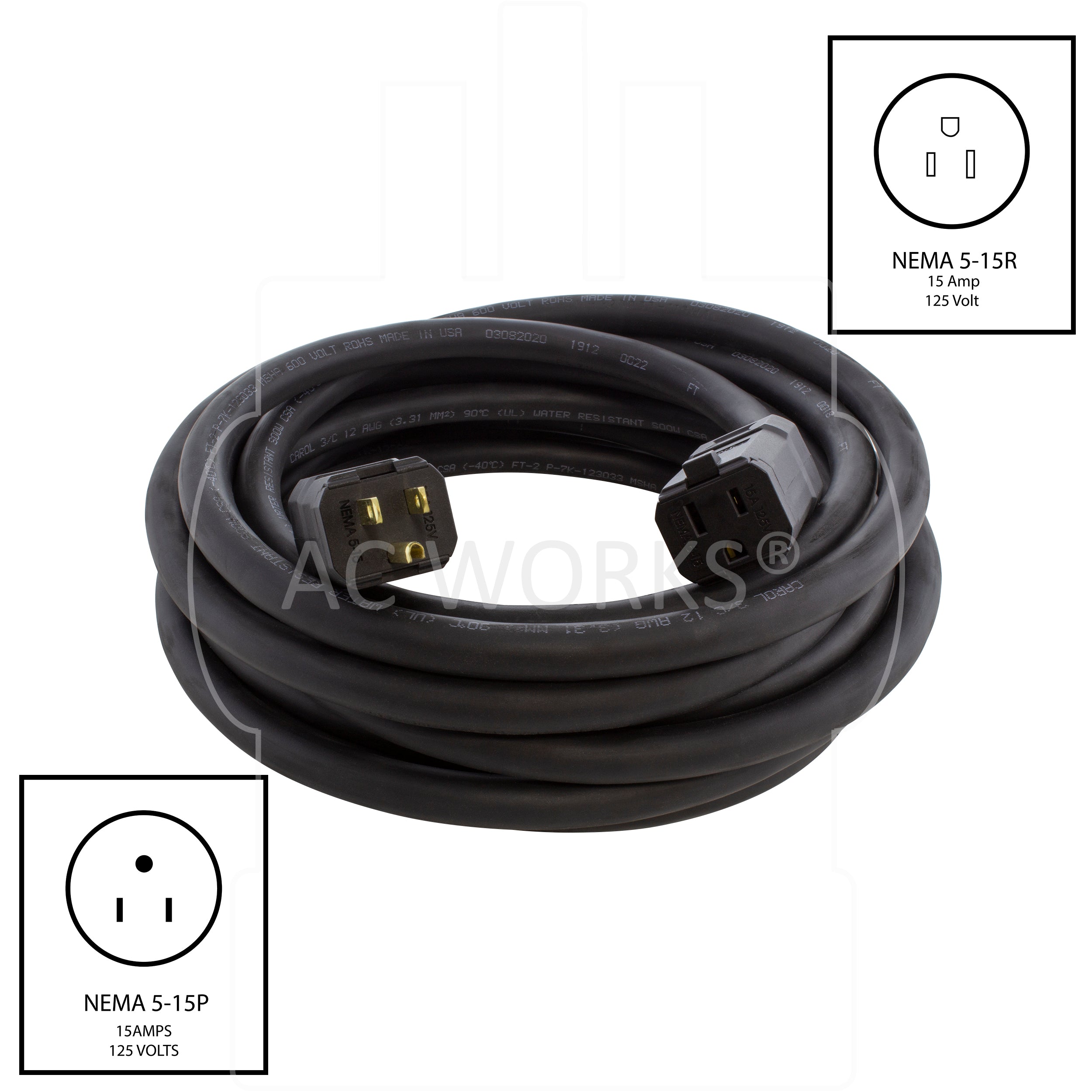 AC WORKS® [HD515PR] SOOW 12 Gauge NEMA 5-15 15A 125V Heavy Duty Outdoor Rubber Extension Cord