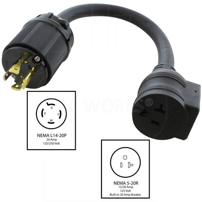 NEMA L14-20P to NEMA 5-20R with circuit breaker, L1420 male plug to 520 female connector with circuit breaker, 4-prong 20 amp locking plug to 20 amp household connector
