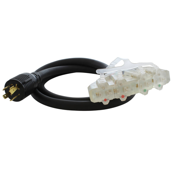 AC WORKS® [L1420F520-05BKL] 5FT L14-20P 4-Prong 20A Locking Plug to (4) 15/20A Household PDU With Power Indicator Lights